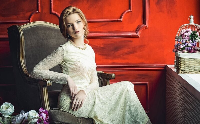 Woman in Lace Dress — Red, Dramatic, Photograph, Armchair