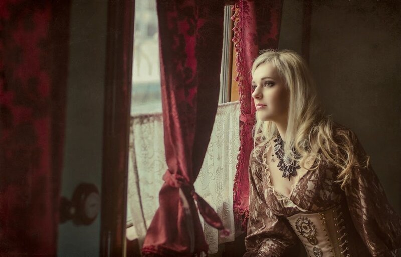 Woman in Lace Dress — Red, Dramatic, Photograph, Window