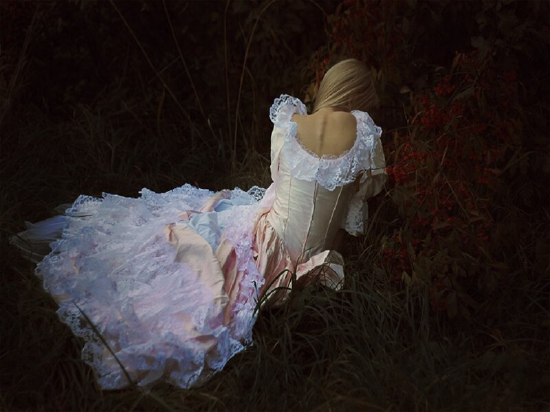 Woman in Lace Dress — White, Dramatic, Night, Photograph