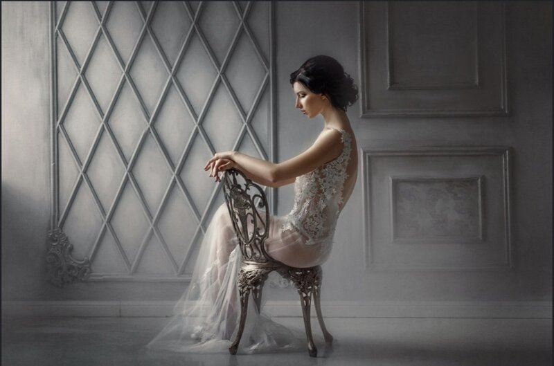 Woman in Lace Dress — White, Dramatic, Photograph, Chair, Wall Panel