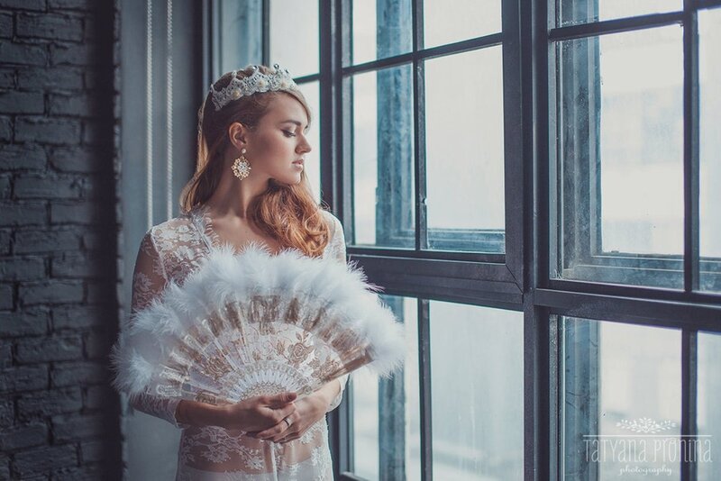 Woman in Lace Dress — White, Dramatic, Photograph, Crown