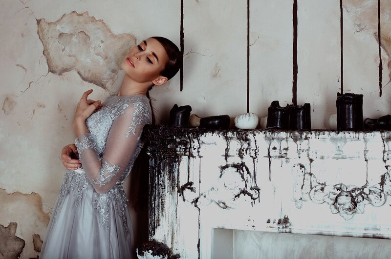 Woman in Lace Dress — White, Dramatic, Photograph, Peeling Wall