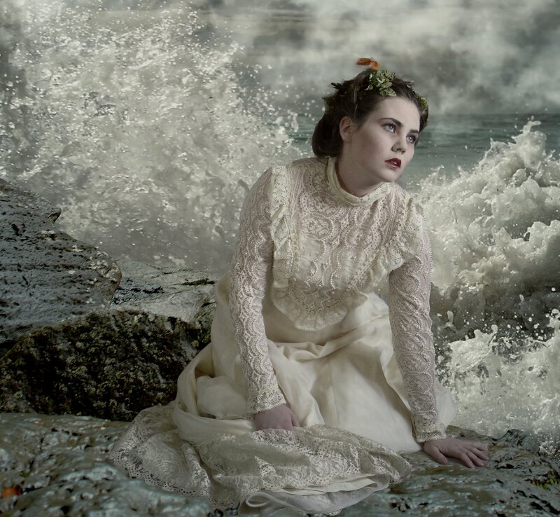 Woman in Lace Dress — White, Dramatic, Photograph, Waves