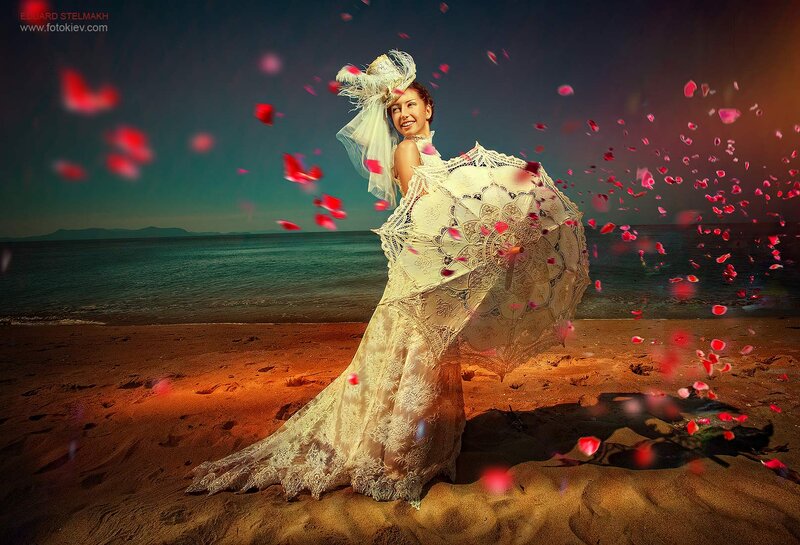 Woman in Lace Dress — White, Dramatic, Sunset