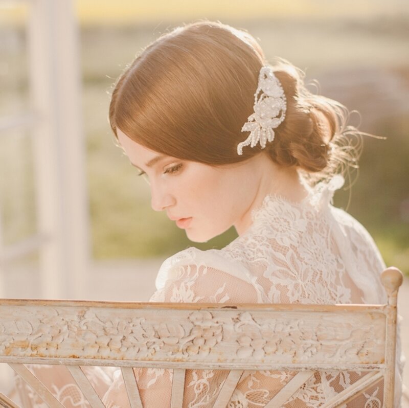 Woman in Lace Dress — White, Serene, Afternoon, Photograph, Hair Clip