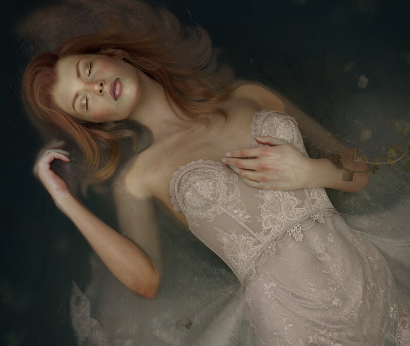 Woman in Lace Dress — White, Serene, Digital Art