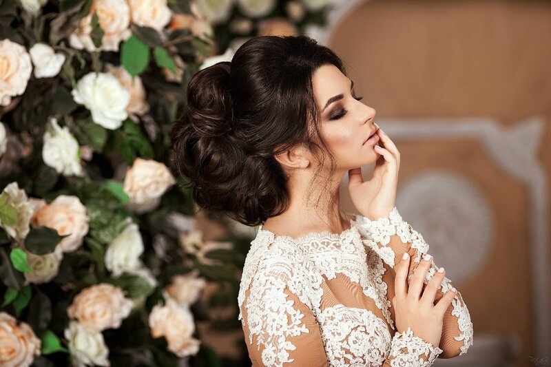 Woman in Lace Dress — White, Serene, Photograph, Flowers, Hair Updo