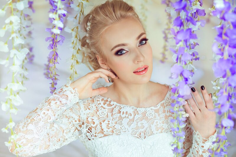 Woman in Lace Dress — White, Serene, Photograph, Flowers, Lace Dress, Makeup