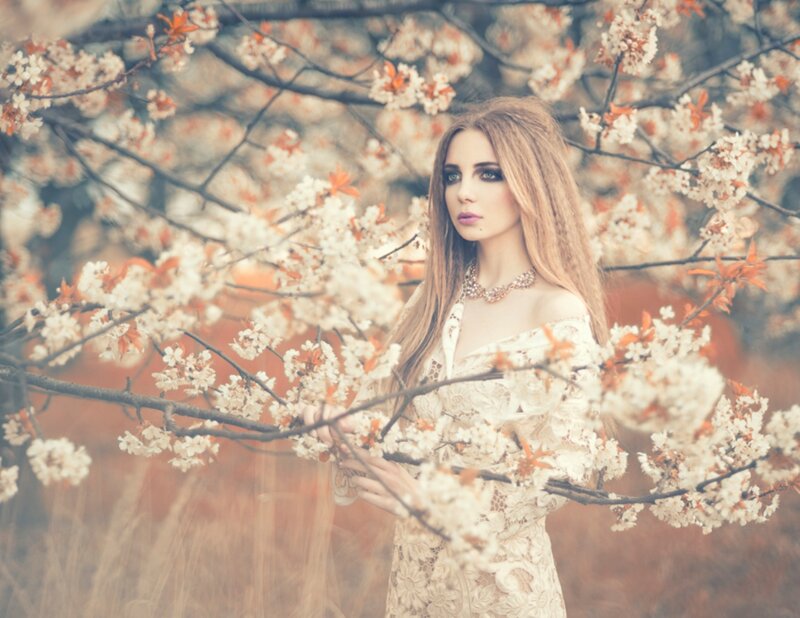 Woman in Lace Dress — White, Serene, Spring, Photograph
