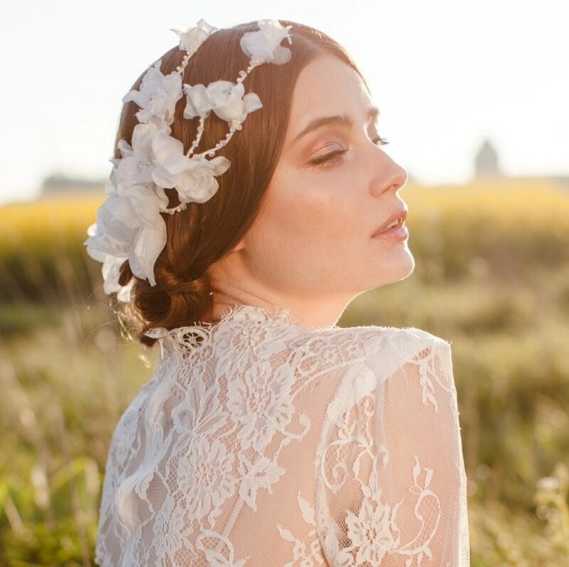 Woman in Lace Dress — White, Serene, Sunset, Photograph, Flower Crown