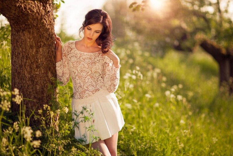 Woman in Lace Dress — White, Serene, Sunset, Photograph, Tree
