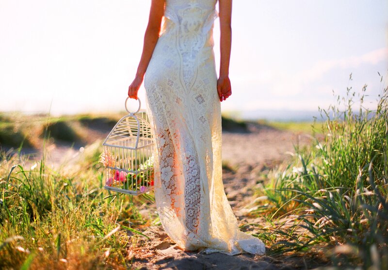 Woman in Lace Dress — White, Serene, Sunset