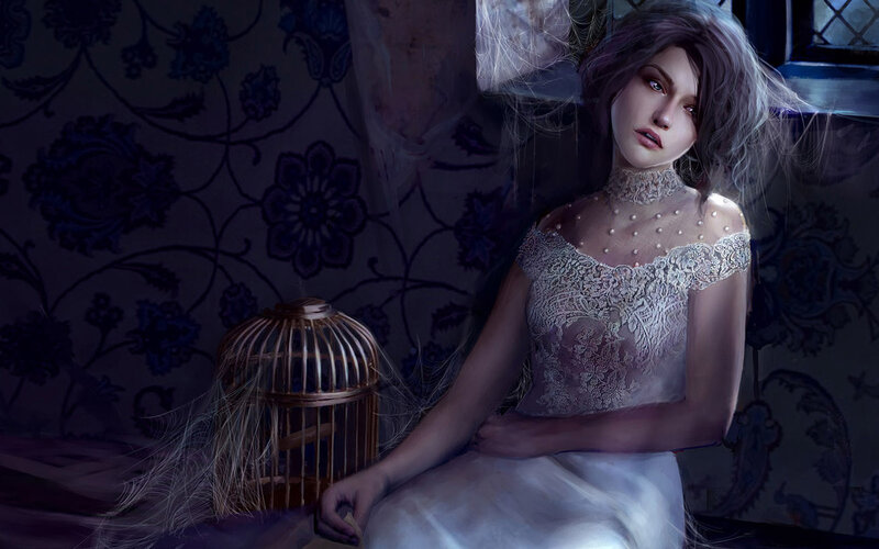 woman in lace dress with birdcage
