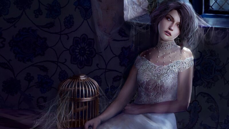 woman in lace dress with birdcage