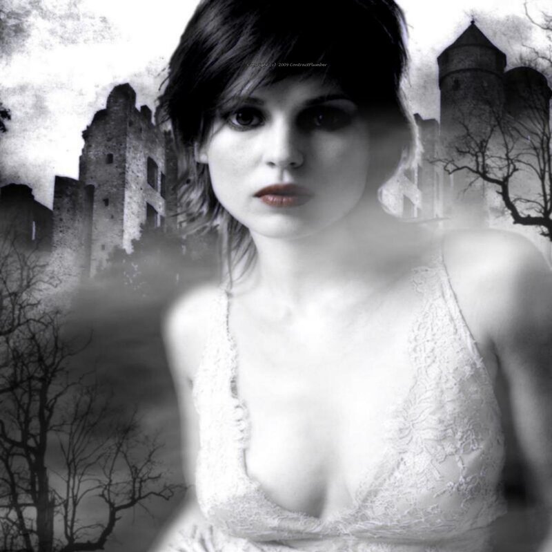 woman in lace dress with castle