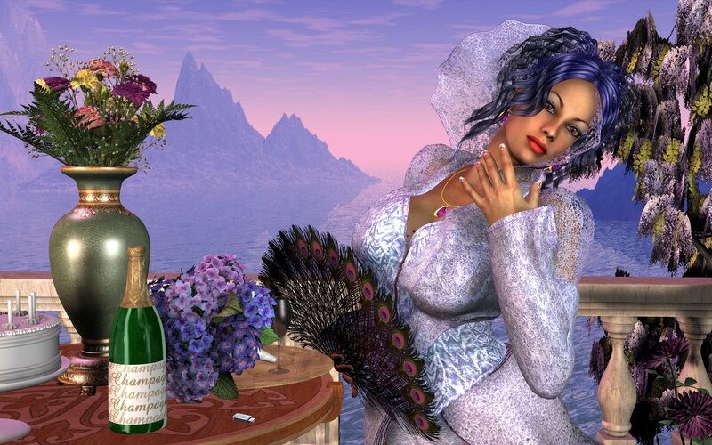 woman in lace dress with peacock fan