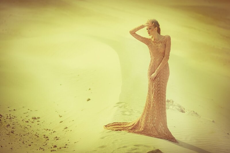 Woman in Lace Dress — Yellow, Dramatic, Photograph
