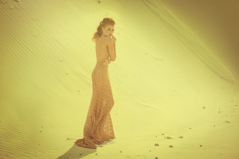 Woman in Lace Dress — Yellow, Dramatic, Sunset