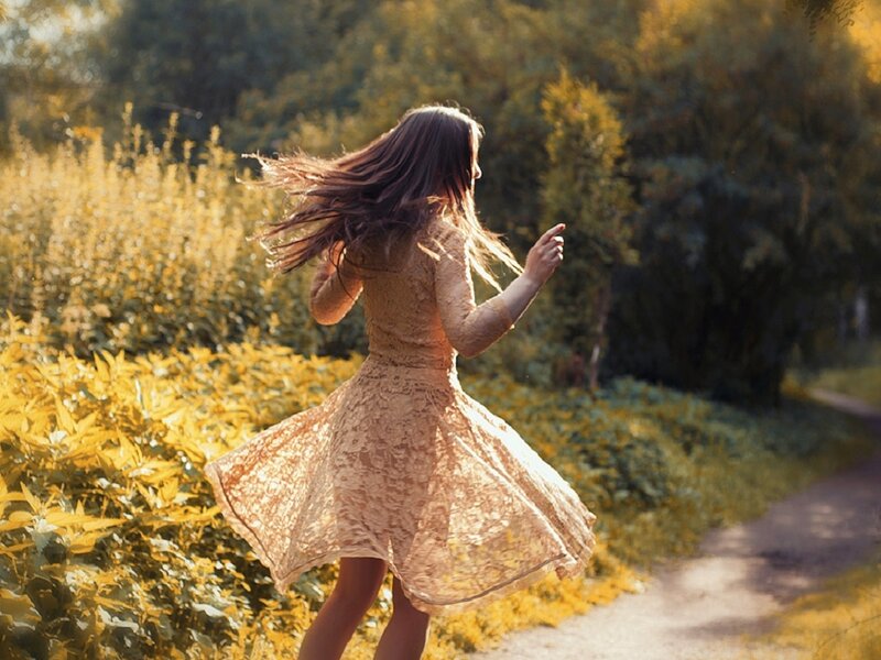 Woman in Lace Dress — Yellow, Serene, Afternoon