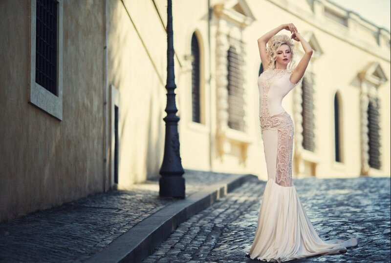 Woman in Lace Gown — Beige, Dramatic