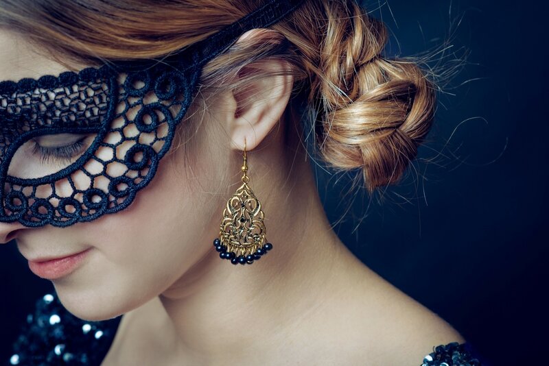 Woman in Lace Mask — Black, Dramatic, Photograph