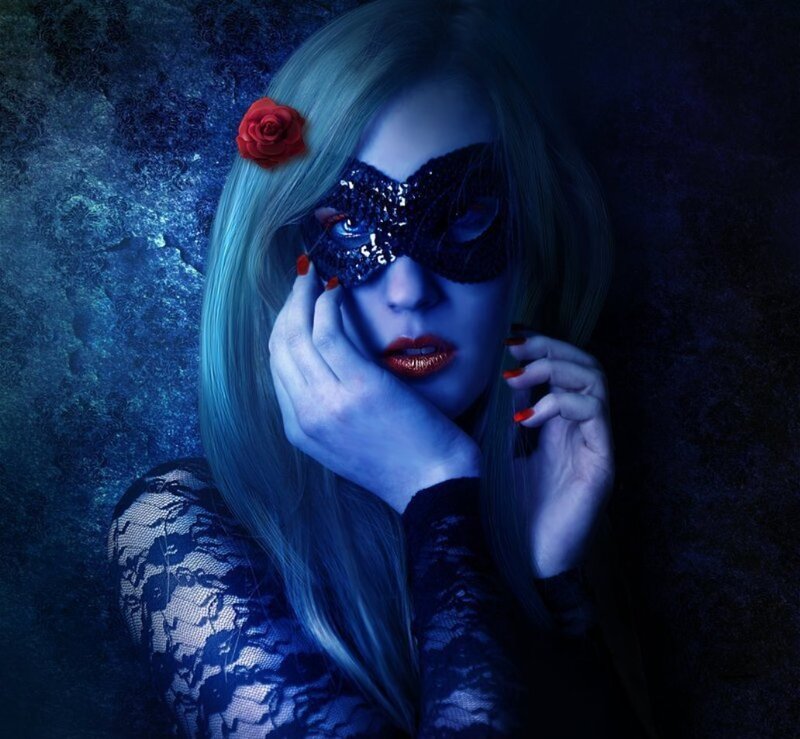 Woman in Lace Mask — Blue, Dramatic, Night