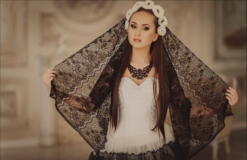 Woman in Lace Veil — Black, Dramatic, Photograph