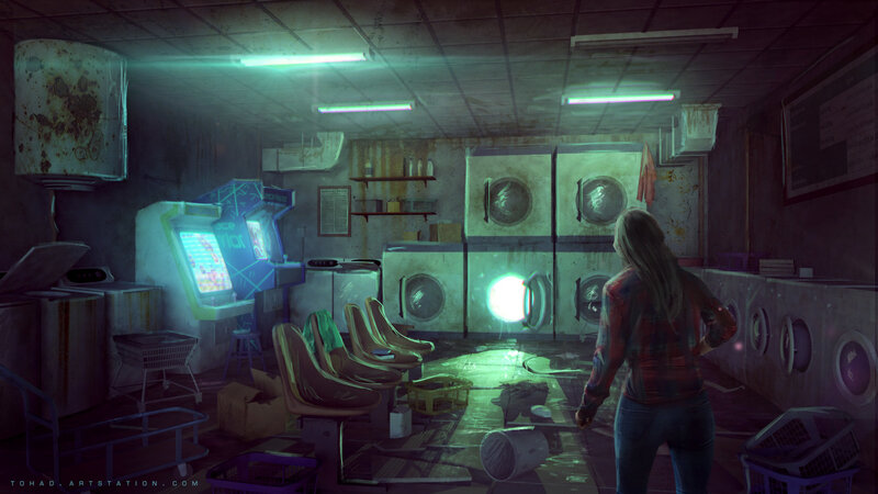 Woman in Laundromat — Green