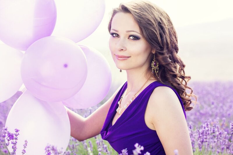 Woman in Lavender Field — Purple, Serene, Afternoon, Photograph, Balloons