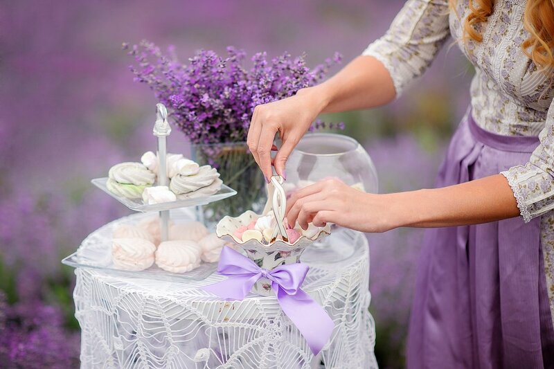 Woman in Lavender Field — Purple, Serene, Afternoon, Photograph, Lavender Flowers, Dessert Table