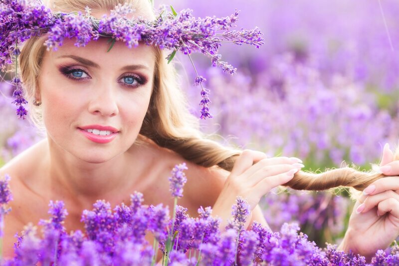 Woman in Lavender Field — Purple, Serene, Afternoon, Photograph, Lavender Flowers, Flower Crown, Braided Hair