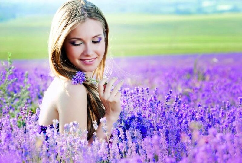 Woman in Lavender Field — Purple, Serene, Afternoon, Photograph, Lavender Flowers, Green Field