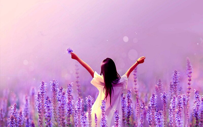 Woman in Lavender Field — Purple, Serene, Sunset, Digital Art