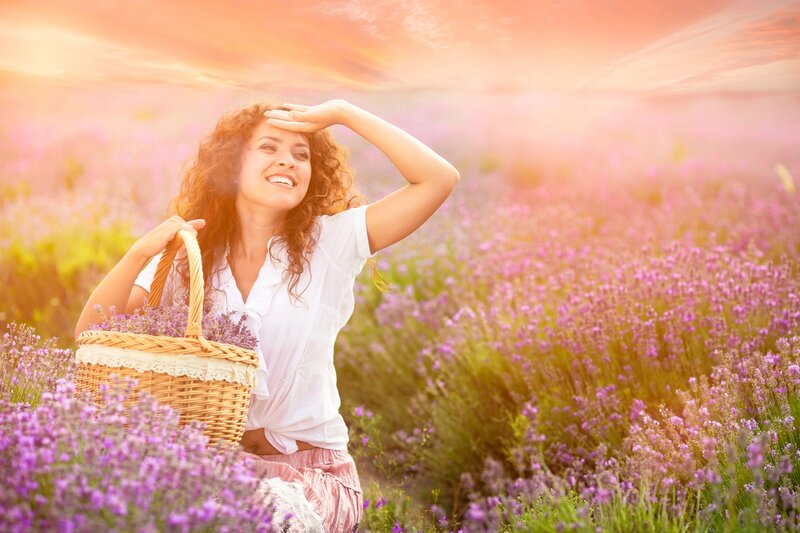 Woman in Lavender Field — Purple, Serene, Sunset, Photograph, Basket, Flowers