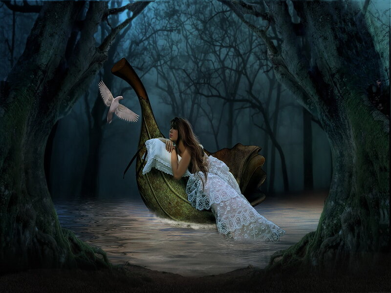 Woman in Leaf Boat — Green
