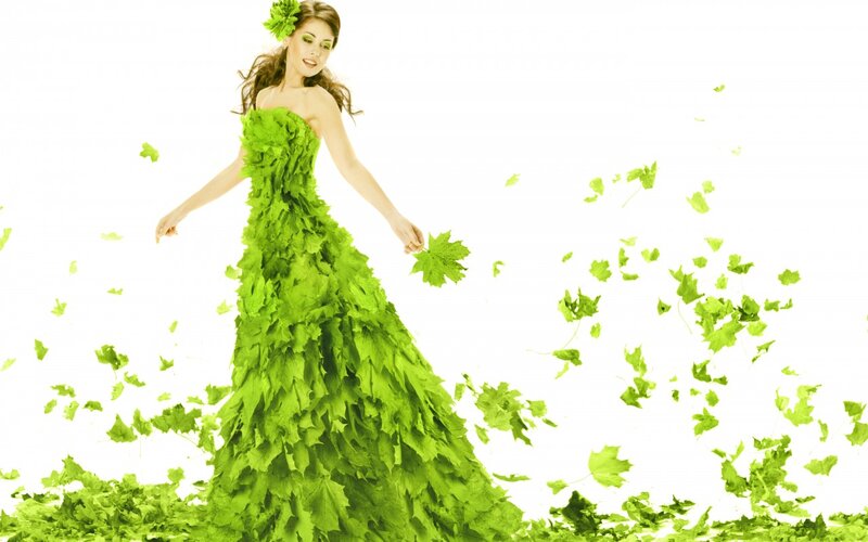 Woman in Leaf Dress — Green, Serene, Photograph