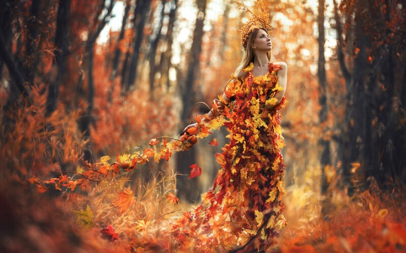 Woman in Leaf Dress — Orange, Serene, Autumn