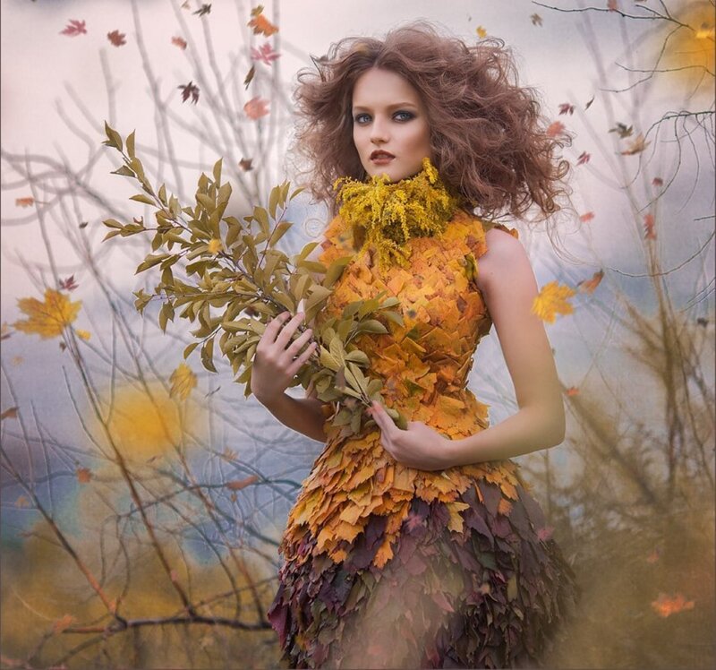 Woman in Leaf Dress — Yellow, Dramatic, Autumn, Photograph