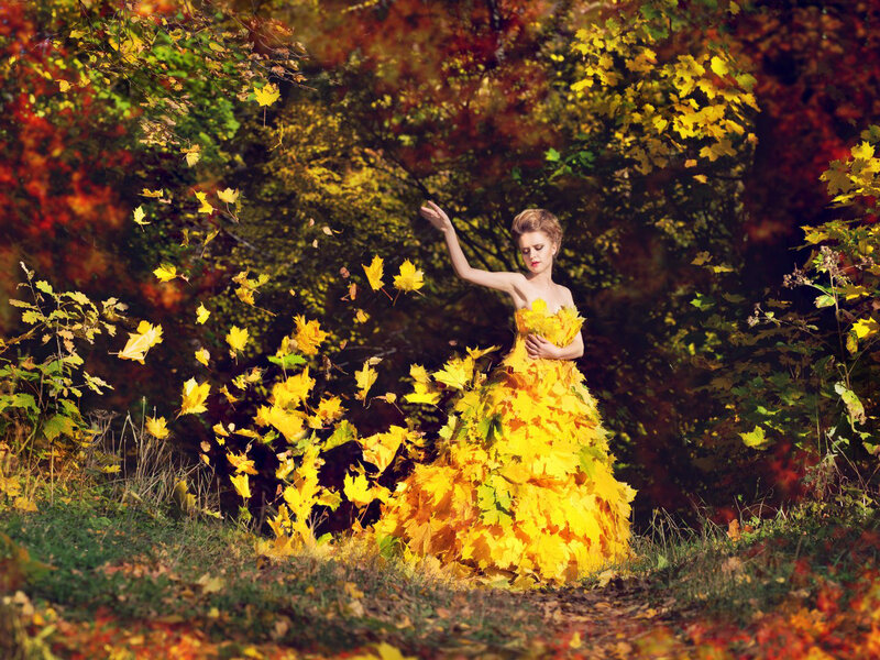 Woman in Leaf Dress — Yellow, Dramatic, Autumn