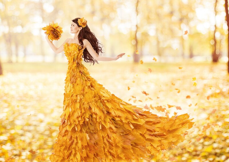 Woman in Leaf Dress — Yellow, Serene, Autumn