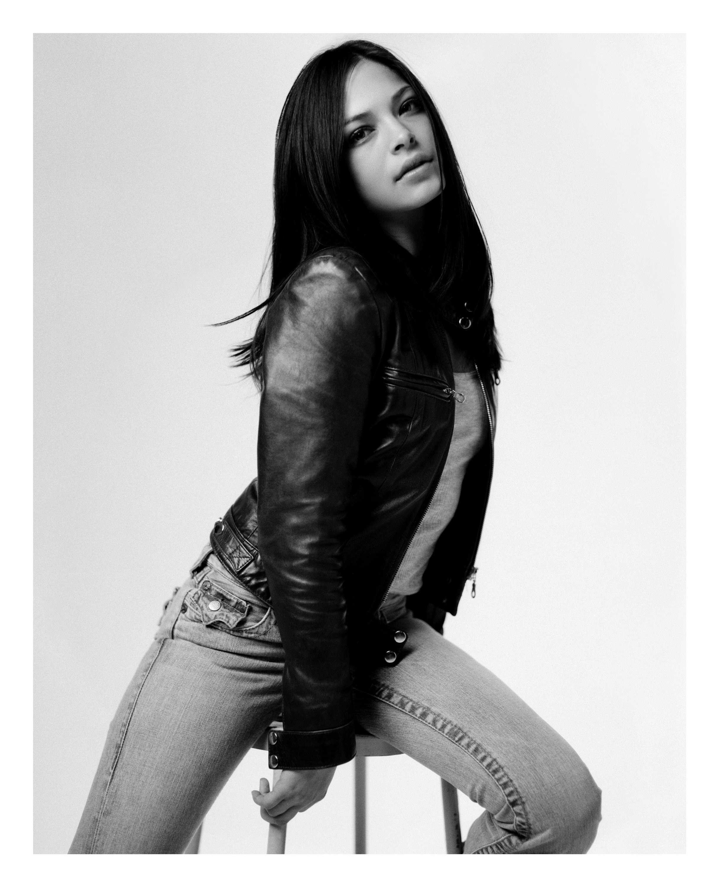 woman in leather jacket