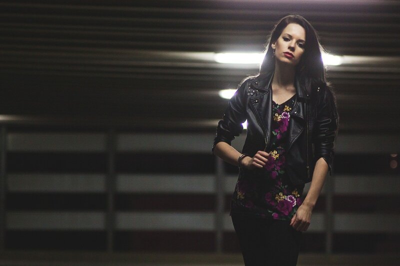 woman in leather jacket