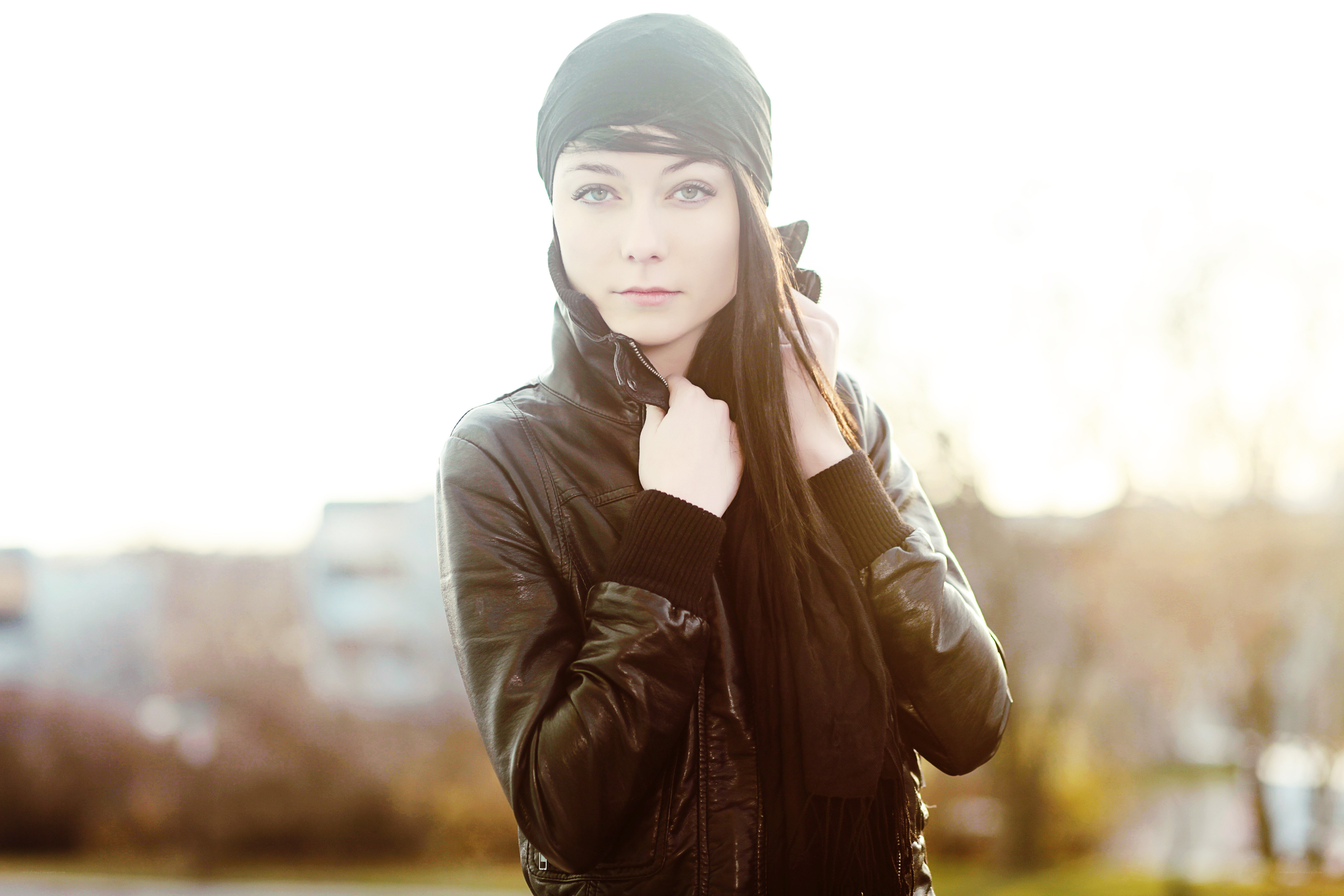 woman in leather jacket