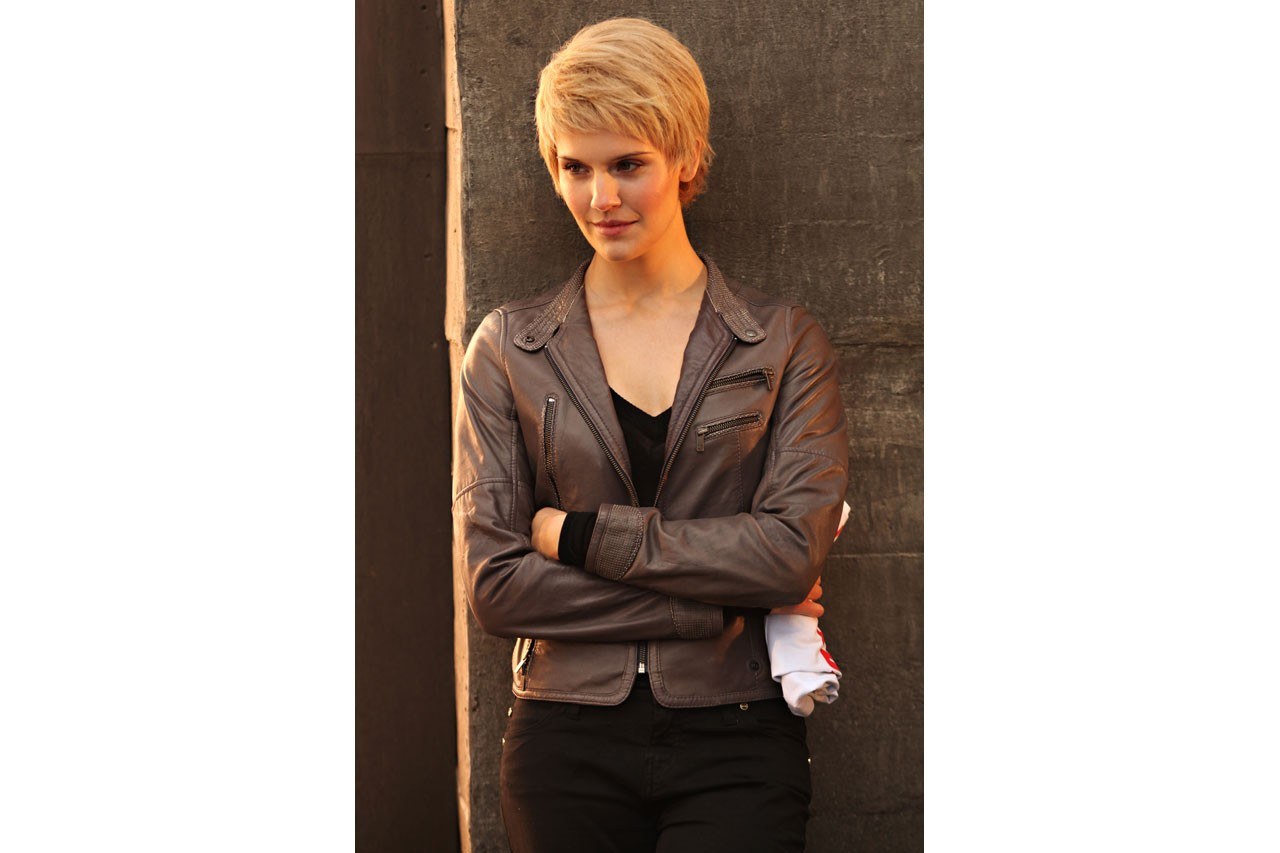 woman in leather jacket