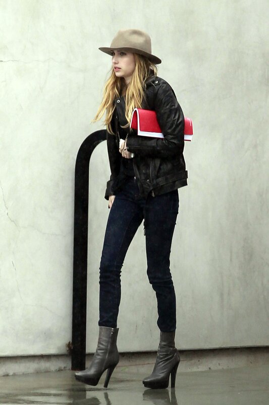 Woman in Leather Jacket — Black, Casual, Photograph, Hat, Handbag