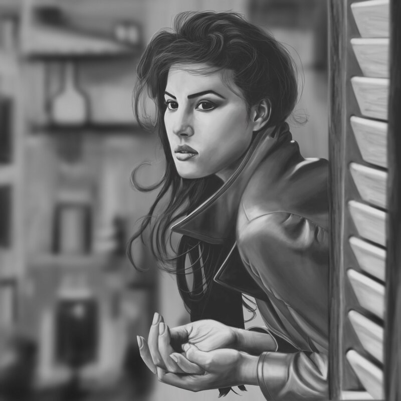 Woman in Leather Jacket — Black, Dramatic, Digital Art, Window