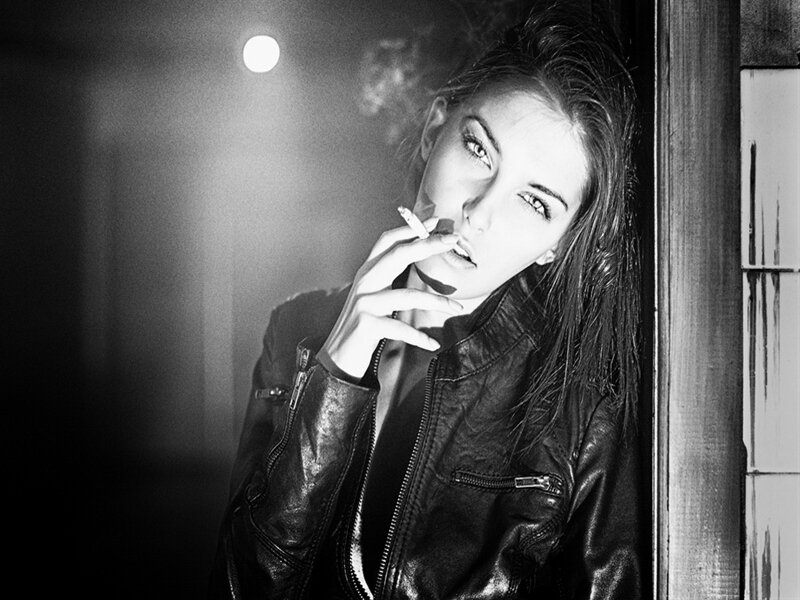 Woman in Leather Jacket — Black, Dramatic, Night, Photograph, Cigarette