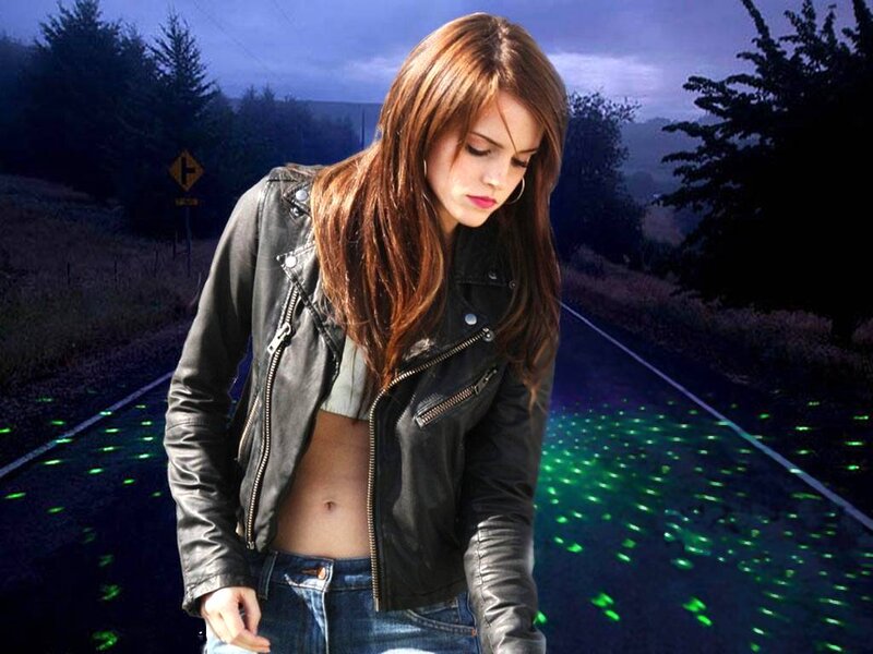 Woman in Leather Jacket — Black, Dramatic, Night, Photograph, Road