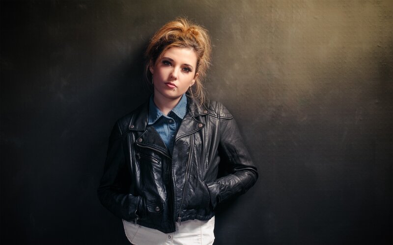 Woman in Leather Jacket — Black, Dramatic, Photograph, Leather Jacket, Denim Shirt