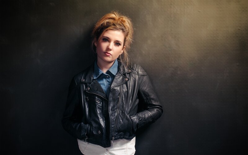 Woman in Leather Jacket — Black, Dramatic, Photograph, Wall